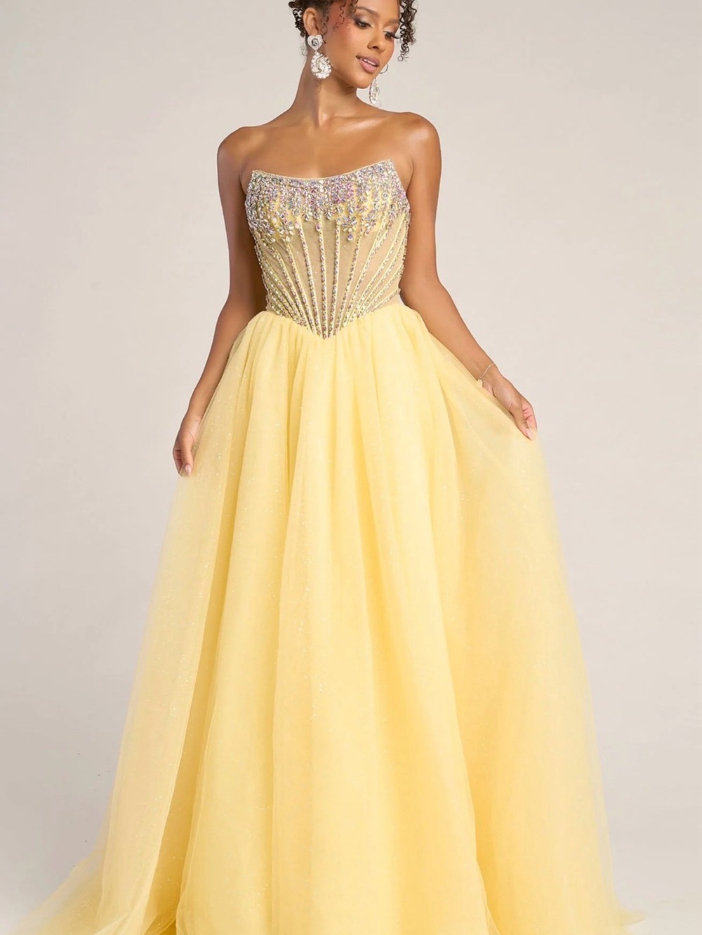 Portia and Scarlett Strapless Yellow Ball Gown with Embellished Illusion Bodice